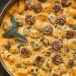 Creamy Butternut Squash Gnocchi with Sausage in skillet