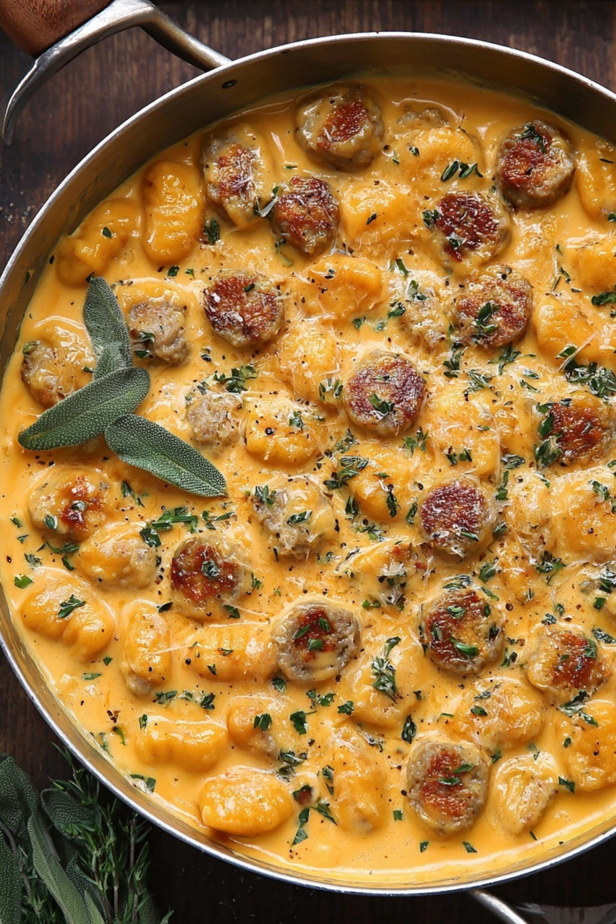 Creamy Butternut Squash Gnocchi with Sausage in skillet