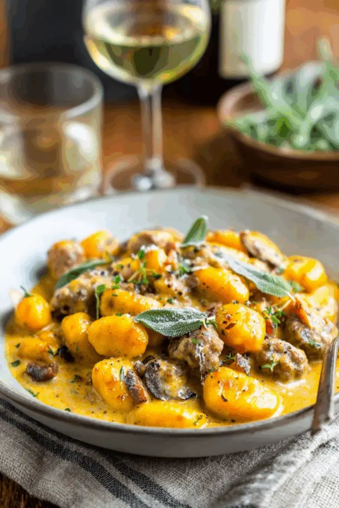 Creamy Butternut Squash Gnocchi with Sausage in skillet