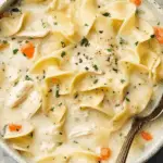 creamy chicken noodle soup recipe with tender chicken and egg noodles
