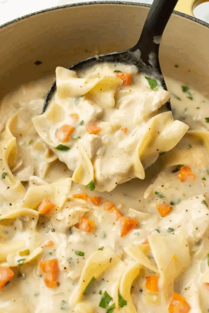 creamy chicken noodle soup recipe with tender chicken and egg noodles