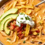 bowl of creamy chicken tortilla soup with toppings