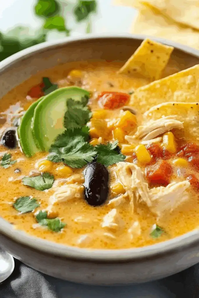 bowl of creamy chicken tortilla soup with toppings
