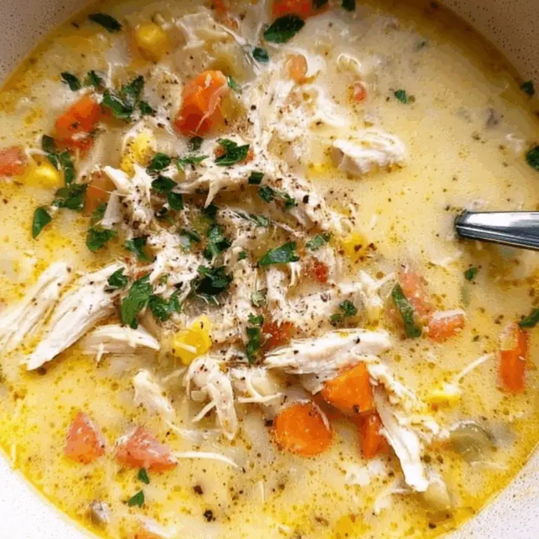 Creamy Chicken Vegetable Soup in a bowl with vegetables and chicken