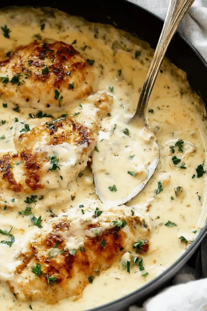 Creamy Ranch Chicken in skillet with sauce and potatoes