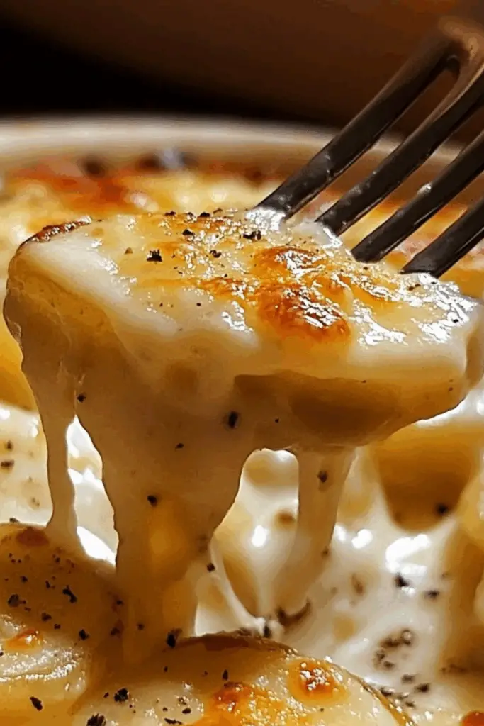 creamy scalloped potatoes in baking dish with golden crispy top