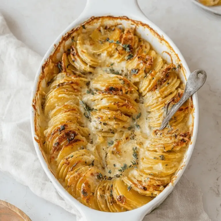 creamy scalloped potatoes in baking dish with golden crispy top