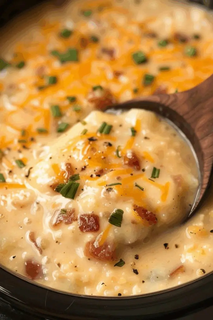 Crockpot potato soup in a bowl with bacon, cheese, and green onions