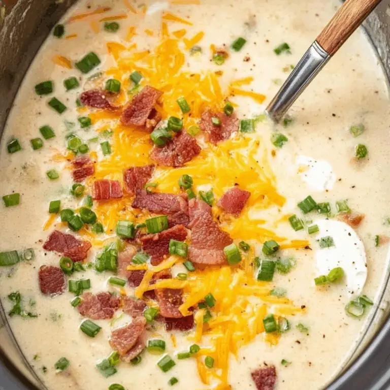 Crockpot potato soup in a bowl with bacon, cheese, and green onions