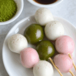 colorful skewered hanami dango made with dango recipe