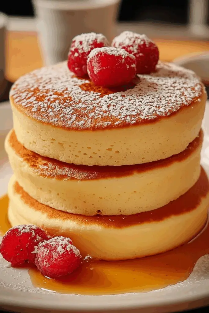 Fluffy Japanese Soufflé Pancakes stacked with whipped cream and fresh berries