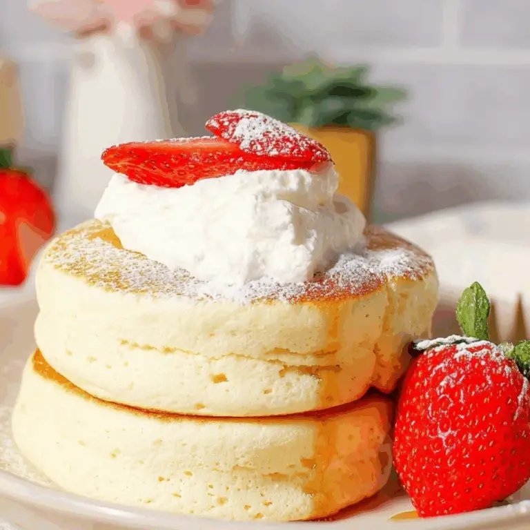 Fluffy Japanese Soufflé Pancakes stacked with whipped cream and fresh berries