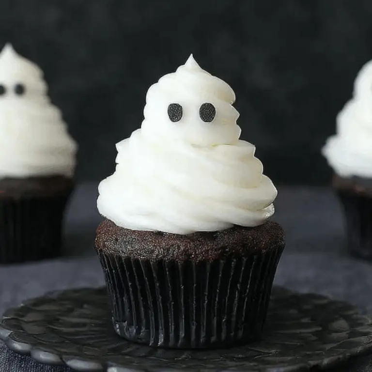 Halloween Ghost Cupcakes topped with white frosting and black eyes