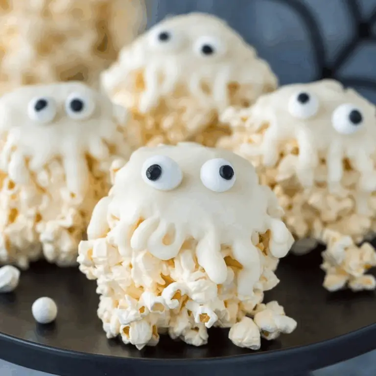 Ghost Marshmallow Popcorn Balls for Halloween party
