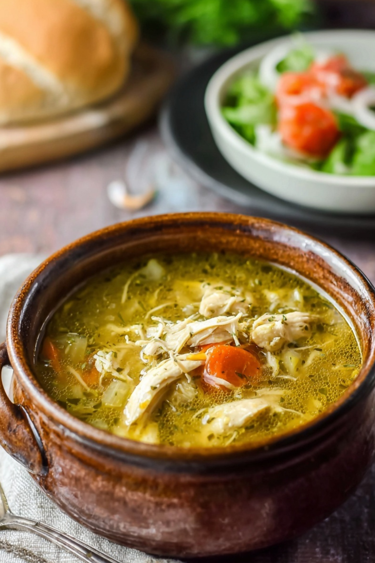 Bowl of good old fashioned chicken soup with vegetables and orzo