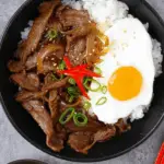 Gyudon Japanese beef bowl with rice, onions, and poached egg