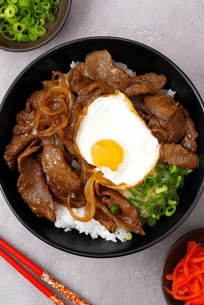 Gyudon Japanese beef bowl with rice, onions, and poached egg