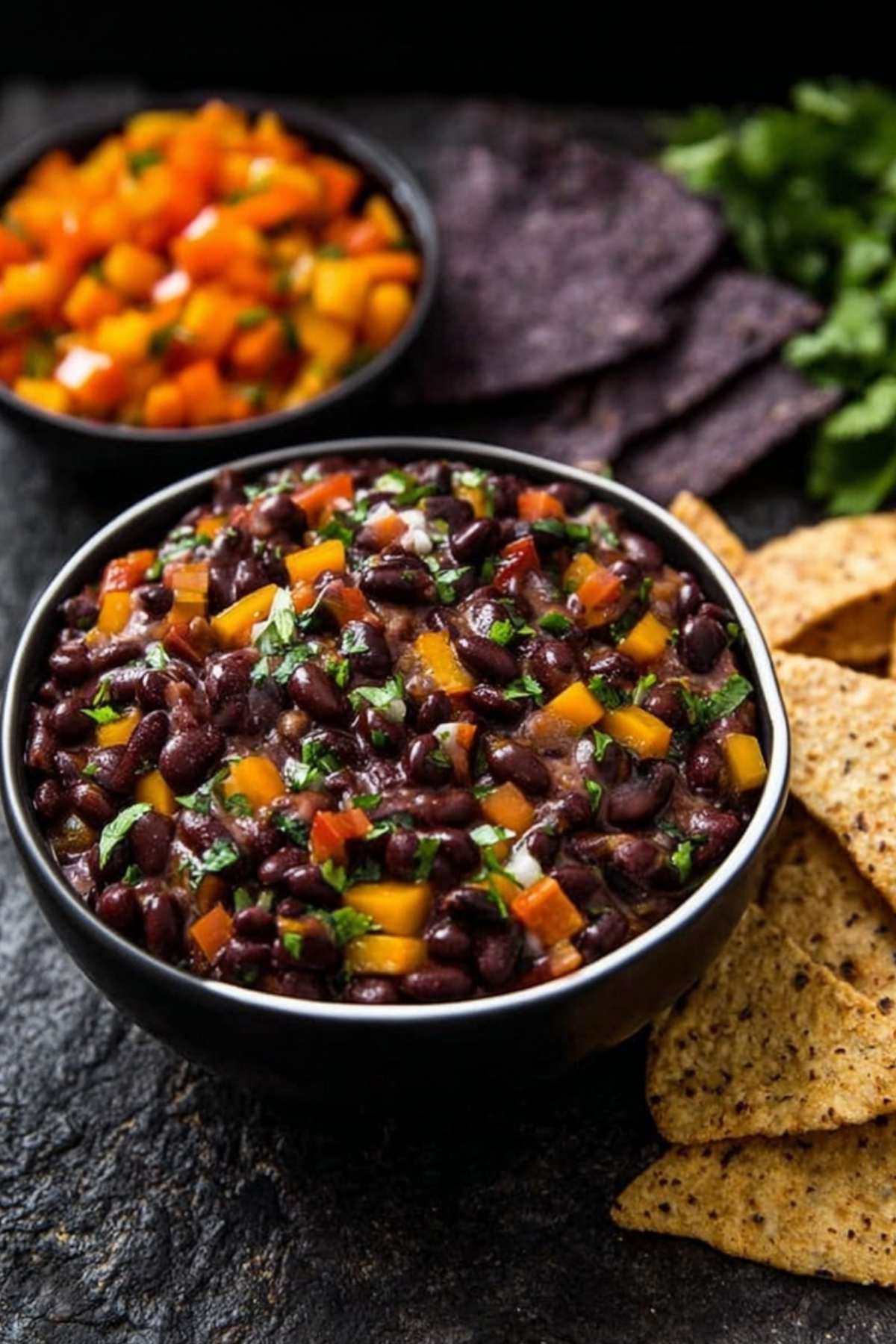Halloween Bean Dip served with blue corn chips in black bowl