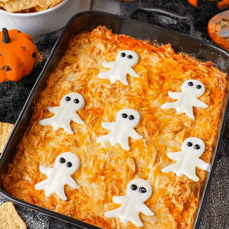 Halloween Buffalo Chicken Dip with spooky cheese ghosts