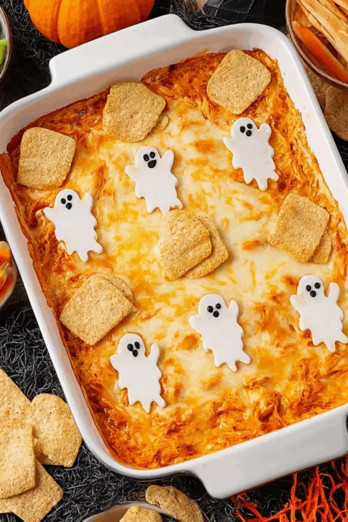 Halloween Buffalo Chicken Dip with spooky cheese ghosts