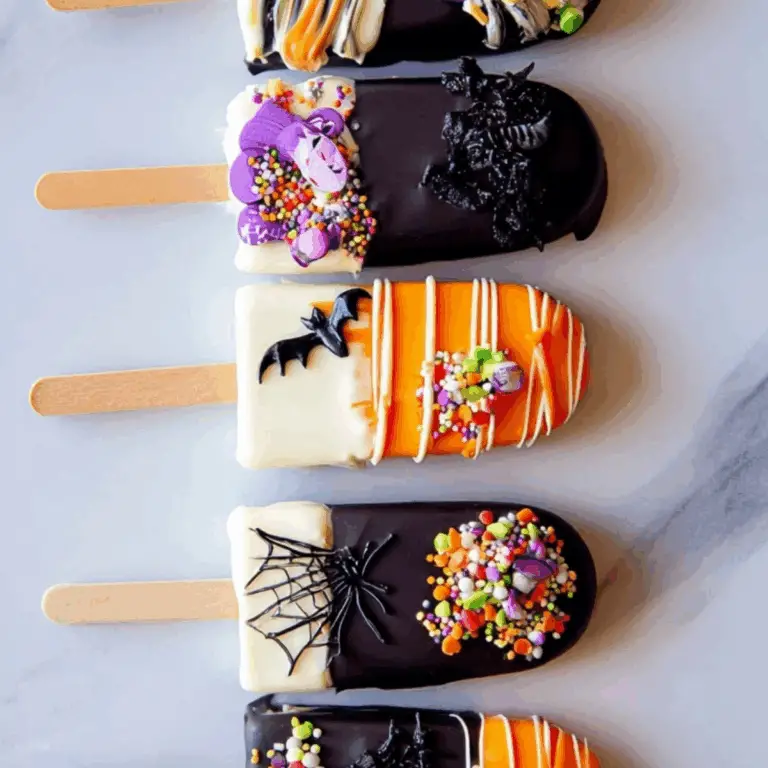 Halloween Cakesicles decorated with sprinkles and chocolate coating