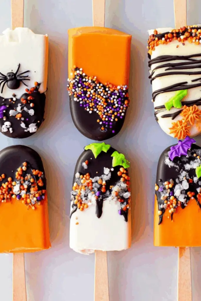 Halloween Cakesicles decorated with sprinkles and chocolate coating