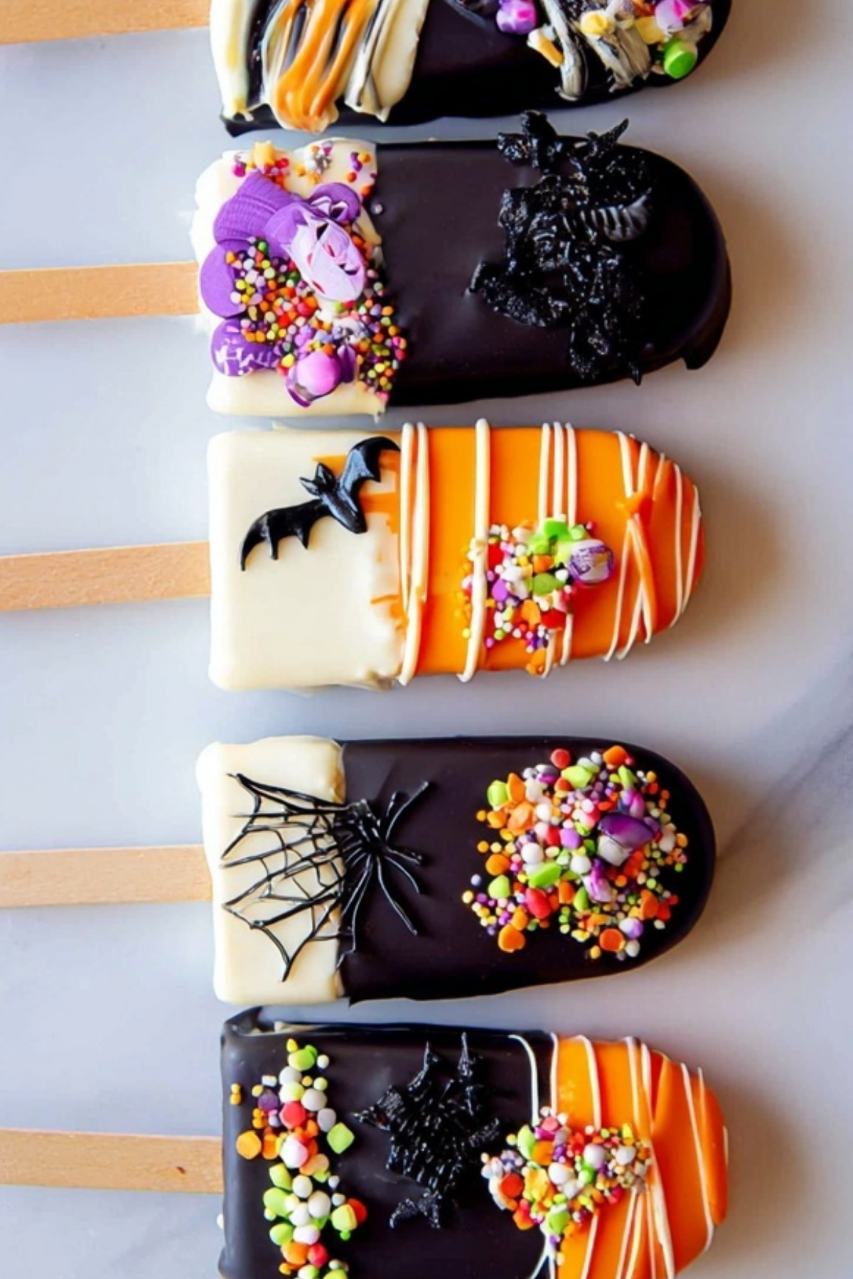 Halloween Cakesicles decorated with sprinkles and chocolate coating