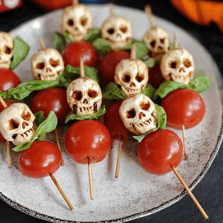 Halloween Caprese Salad Skewers with mozzarella skulls