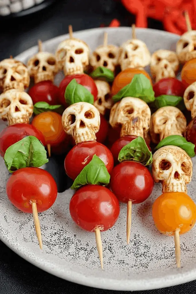 Halloween Caprese Salad Skewers with mozzarella skulls