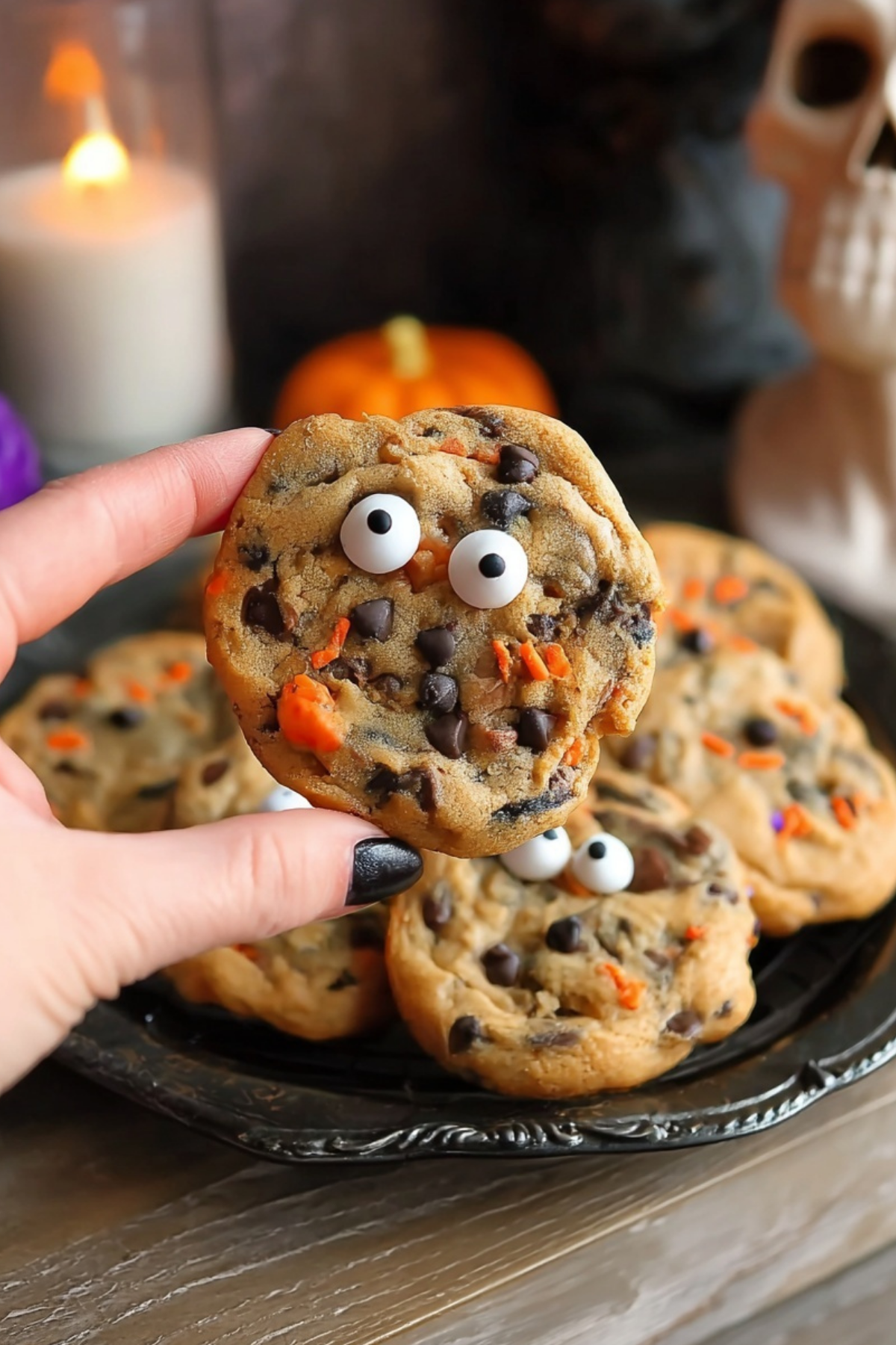 Halloween Chocolate Chip Cookies with candy eyes and sprinkles