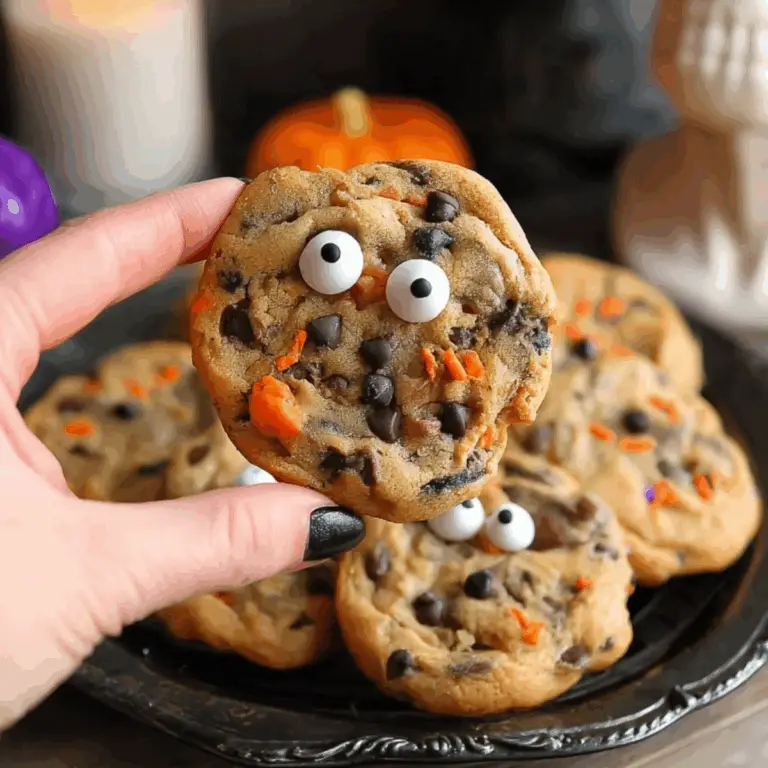 Halloween Chocolate Chip Cookies with candy eyes and sprinkles
