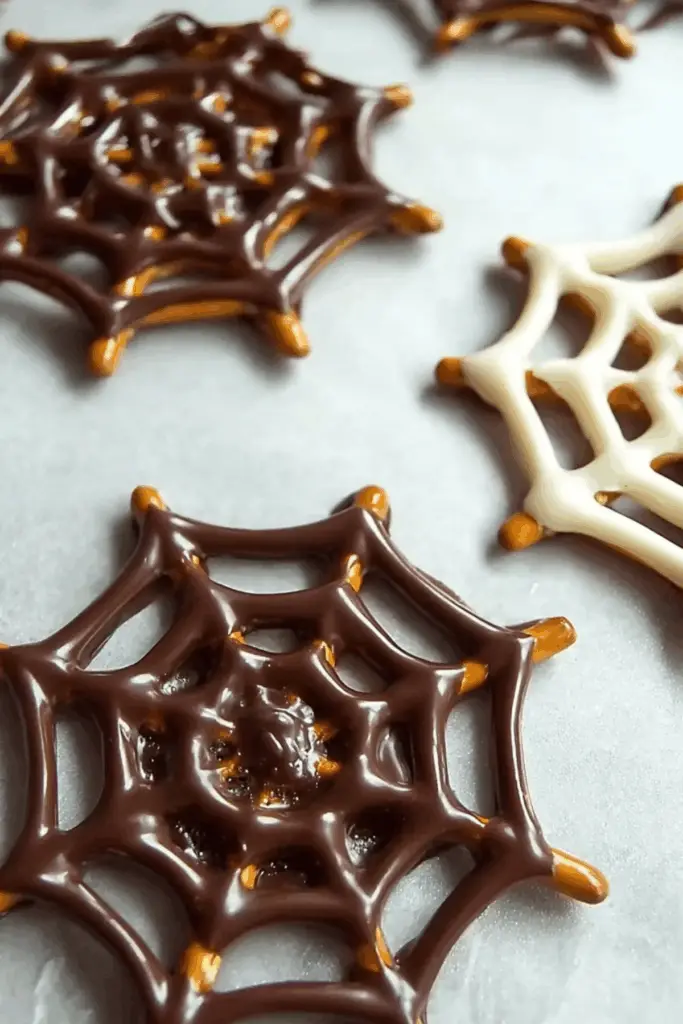 Halloween Chocolate Pretzel Spider Webs - A spooky and delicious Halloween treat