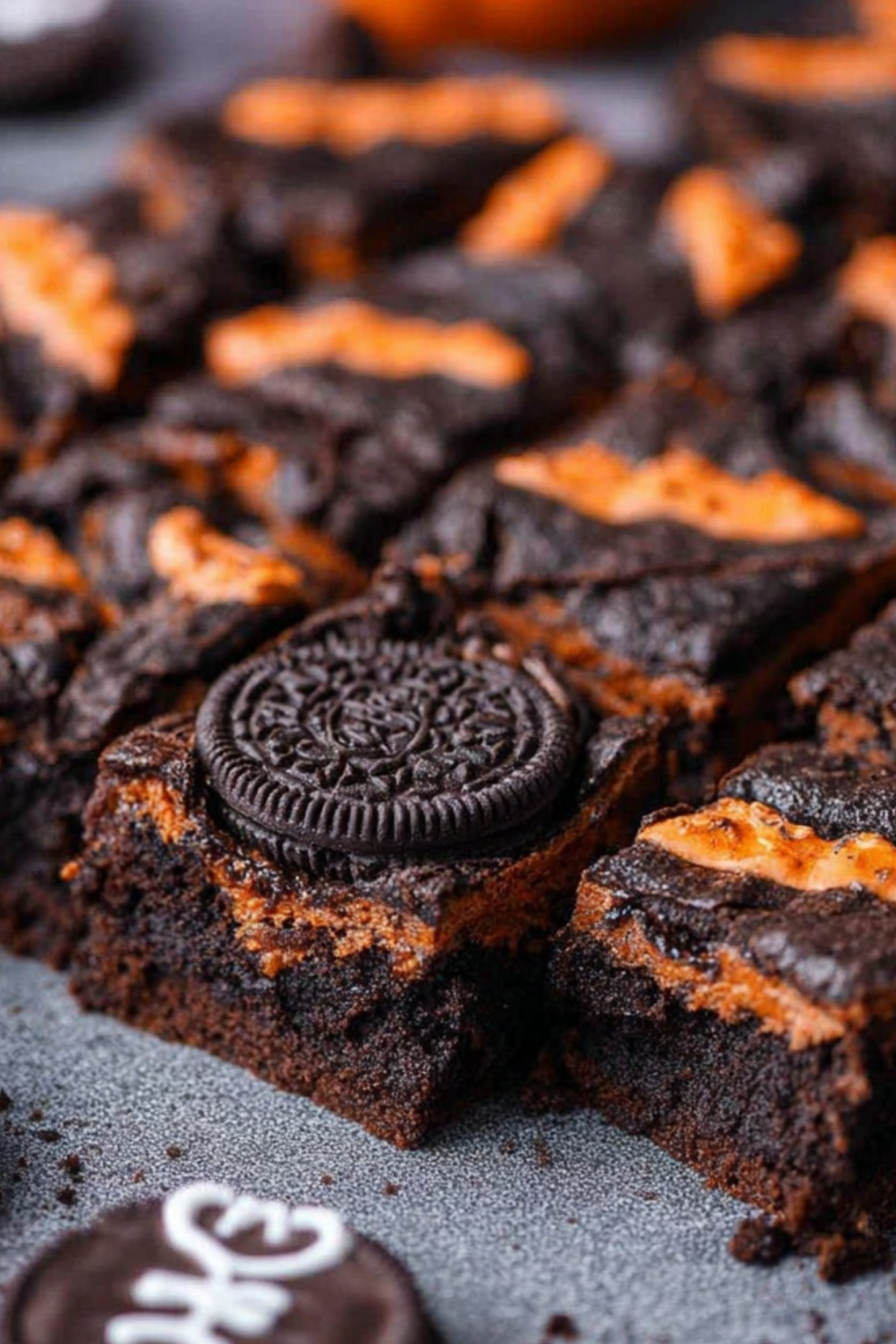 Halloween Oreo brownies with orange-filling cookies