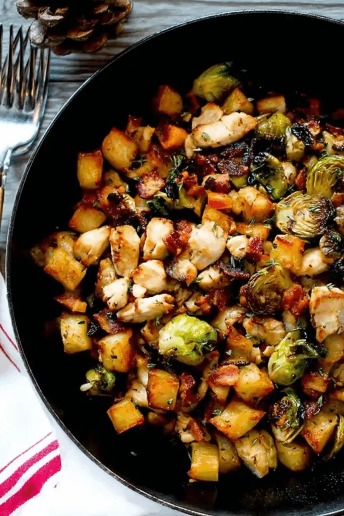 Harvest Chicken Hash in cast-iron skillet with fall vegetables