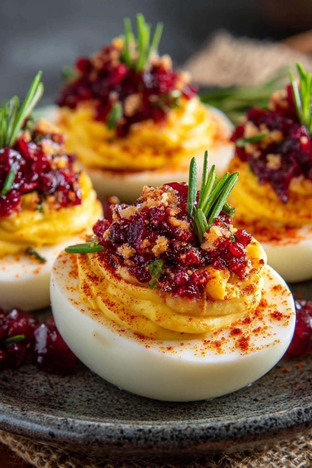 Harvest Cranberry Deviled Eggs with cranberry topping and fresh parsley garnish