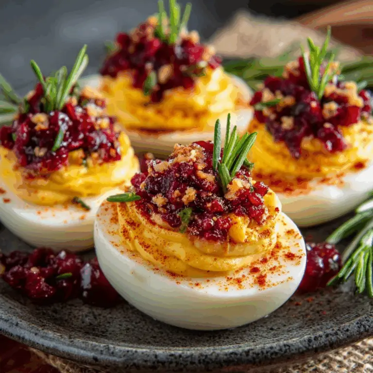 Harvest Cranberry Deviled Eggs with cranberry topping and fresh parsley garnish