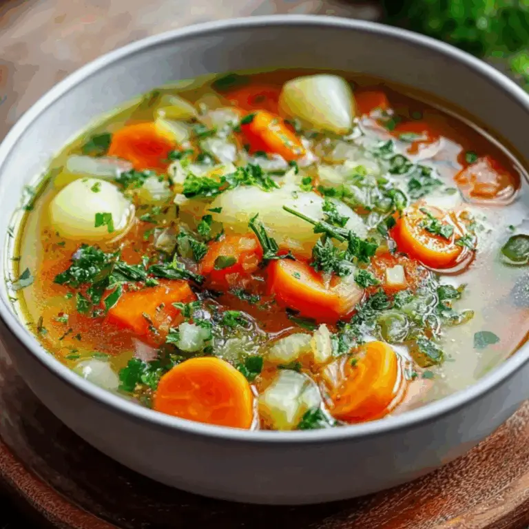 Healing Vegetable Soup in a bowl with fresh vegetables and herbs