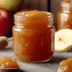 Homemade apple jam in a jar with apples and lemon
