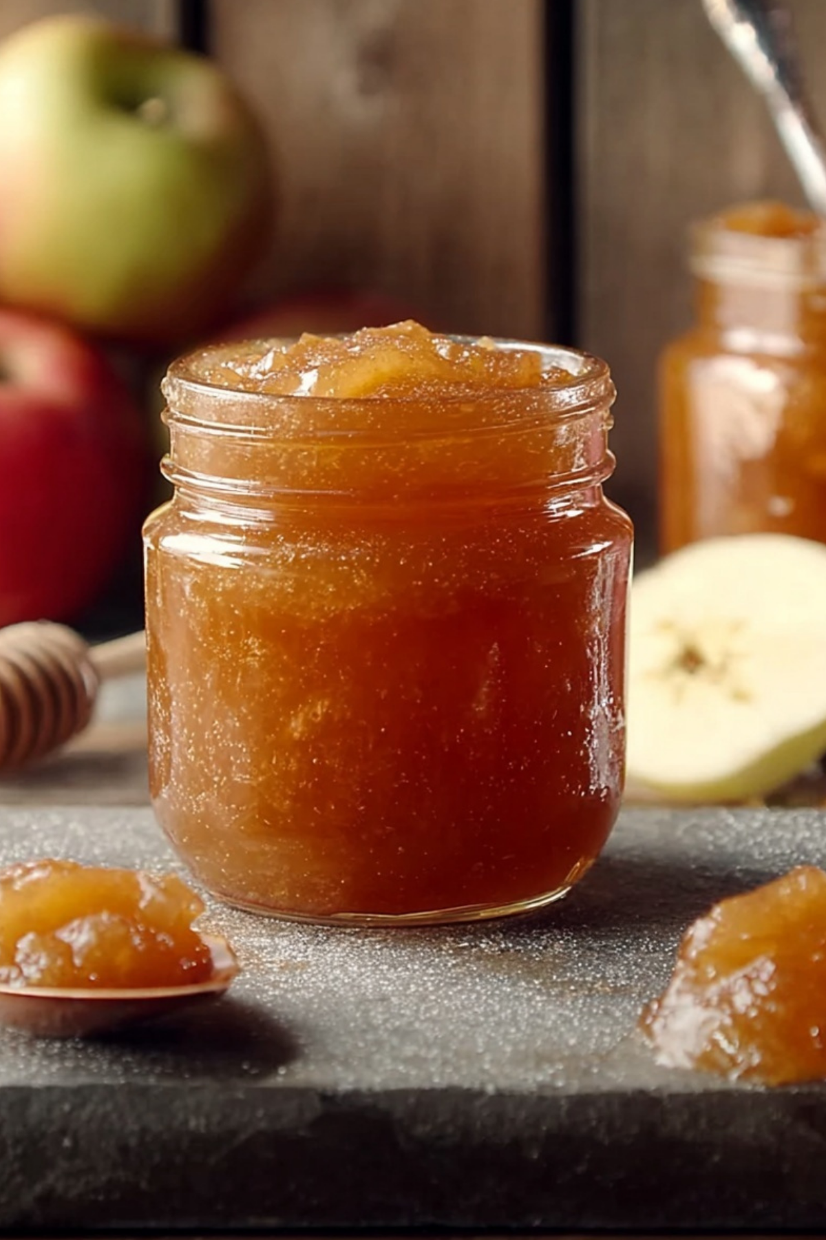 Homemade apple jam in a jar with apples and lemon