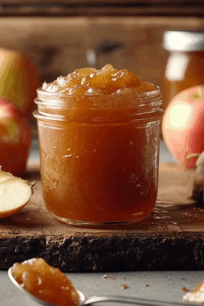 Homemade apple jam in a jar with apples and lemon