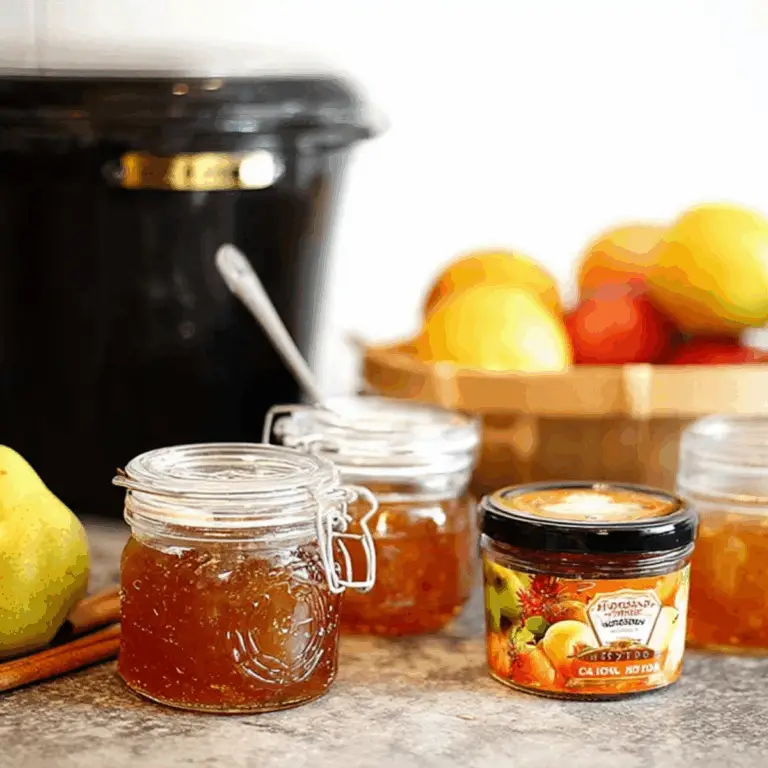 homemade spiced honey pear jam jar with spices