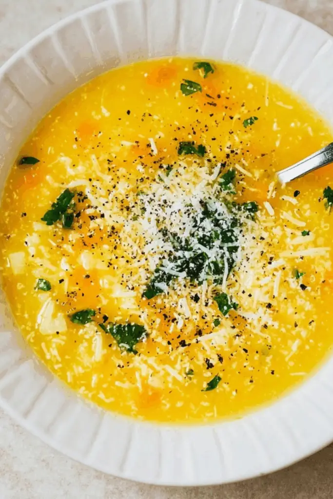 Italian Penicillin Soup in a bowl with fresh Parmesan and lemon