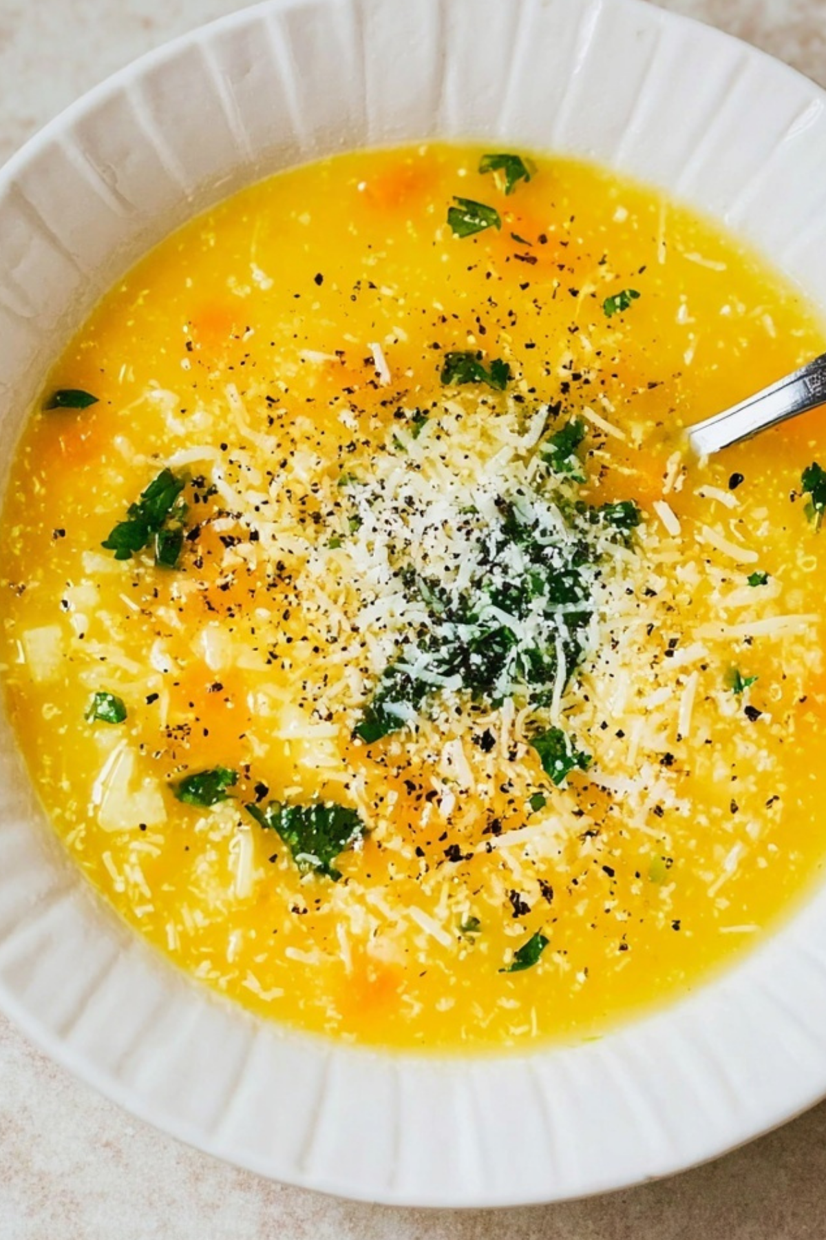 Italian Penicillin Soup in a bowl with fresh Parmesan and lemon