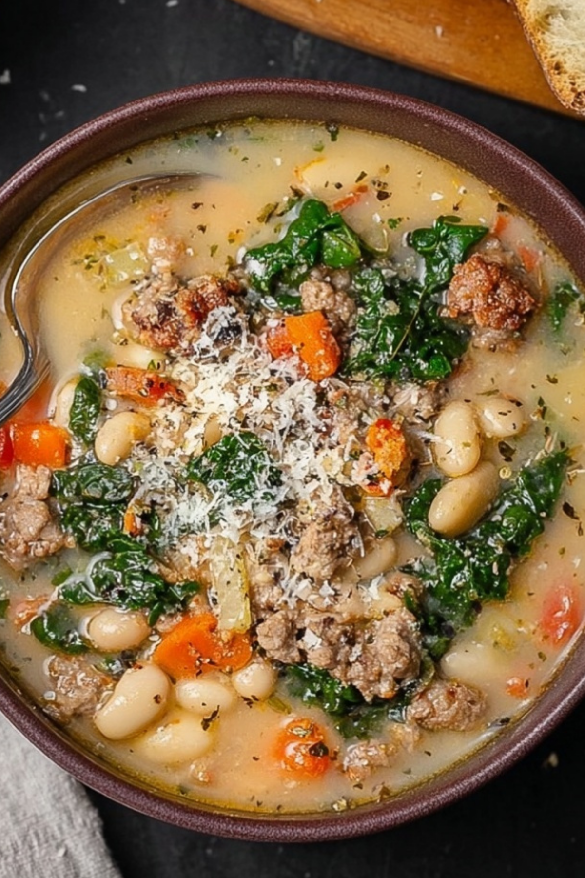 Italian Sausage and White Bean Soup in a bowl with fresh herbs and crusty bread