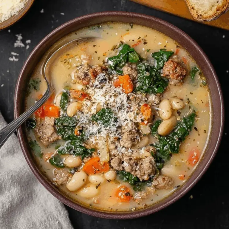 Italian Sausage and White Bean Soup in a bowl with fresh herbs and crusty bread