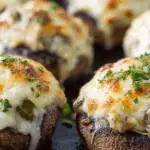 Jalapeno Popper Stuffed Mushrooms served hot in cast iron