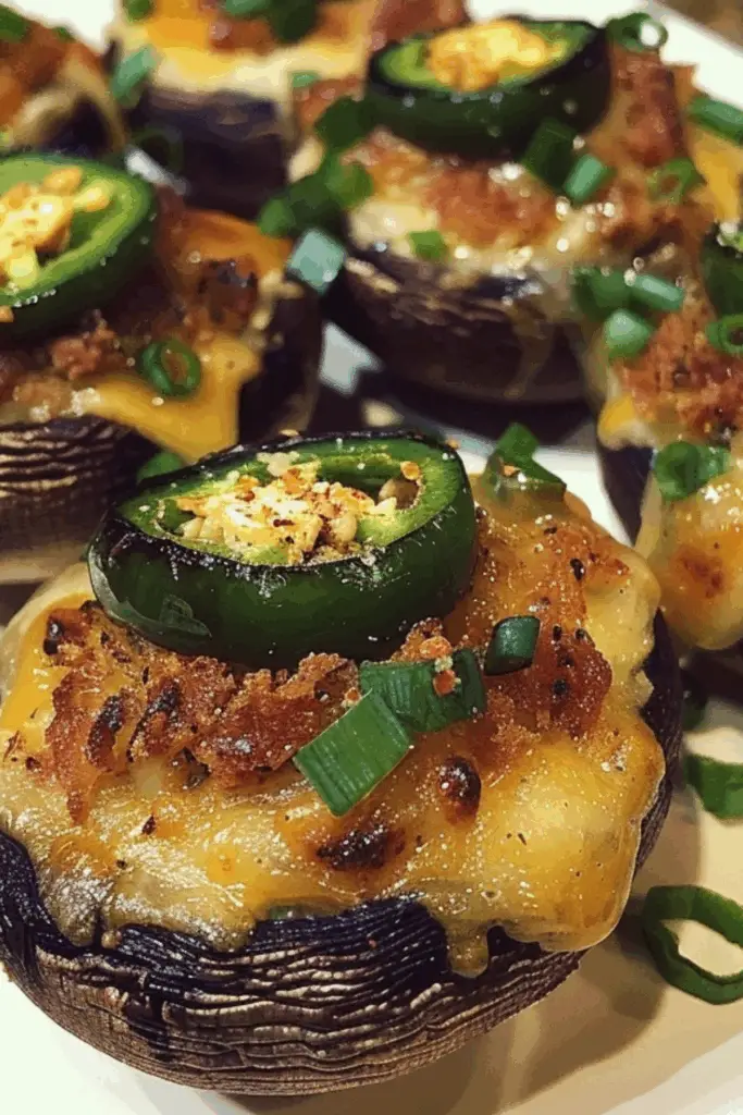 Jalapeno Popper Stuffed Mushrooms served hot in cast iron