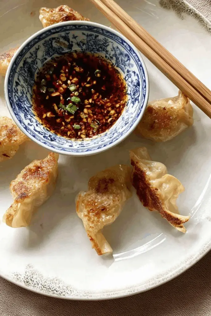 Japanese Gyoza Dipping Sauce in a bowl with dumplings