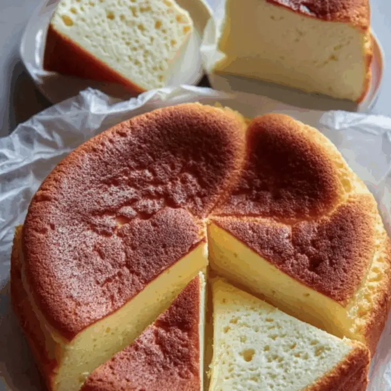 Japanese Jiggly Cheesecake on white plate with golden top