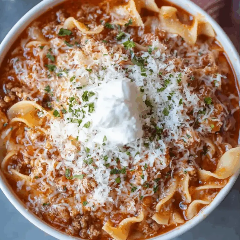 Bowl of cheesy lasagna soup with ground beef and pasta